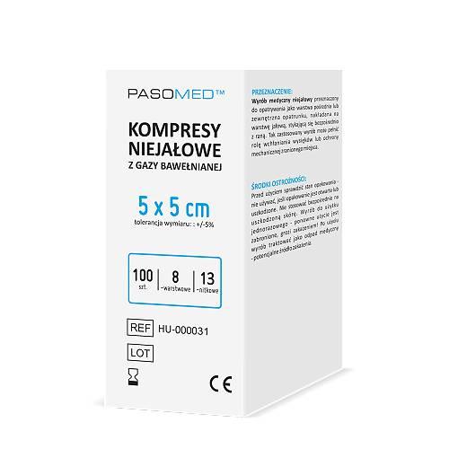PASOMED Kompresy niejałowe 13-nitkowe 8-warstwowe 5cm x 5cm, 100 sztuk
