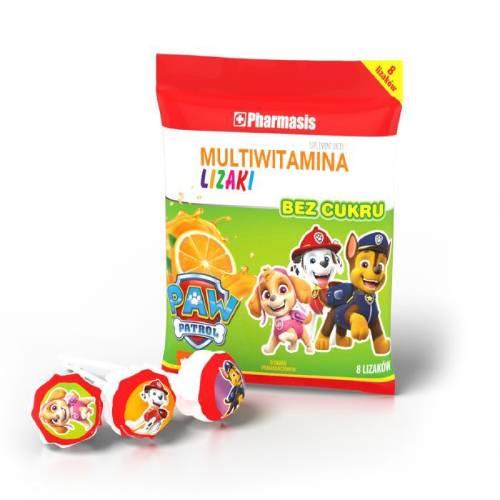Miniaturka artykułu - Pharmasis Lizaki Multiwitamina bez cukru Psi Patrol o smaku pomarańczowym, 8 szt