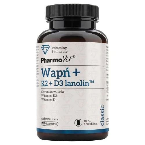 Miniaturka artykułu - PHARMOVIT Wapń + K2 + D3 lanolin, 120kaps.