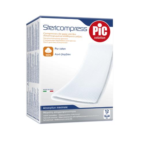 Miniaturka artykułu - PIC Solution Stericompress Soft - Sterylne kompresy wł&oacute;kninowe, nietkane 18cmx40cm, 12 sztuk