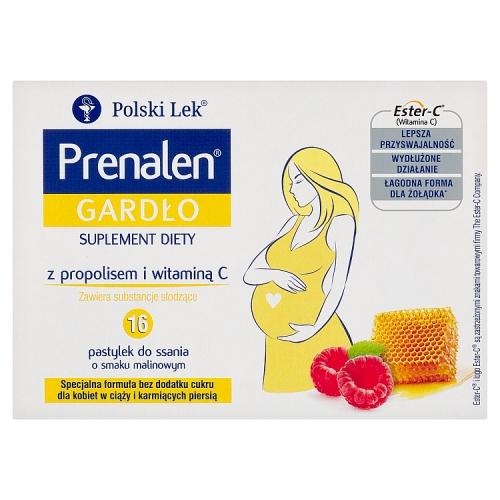 Miniaturka artykułu - Prenalen Gardło smak malinowy, 16 past. do ssania - suplement diety z witaminą C i propolisem