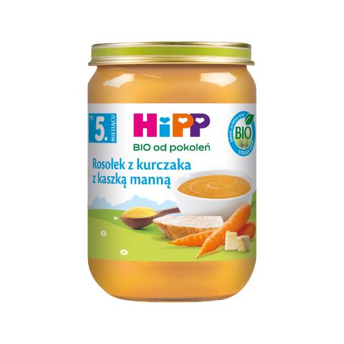 Miniaturka artykułu - HiPP BIO Rosołek z kurczaka z kaszką manną po 5. miesiącu, 190 g