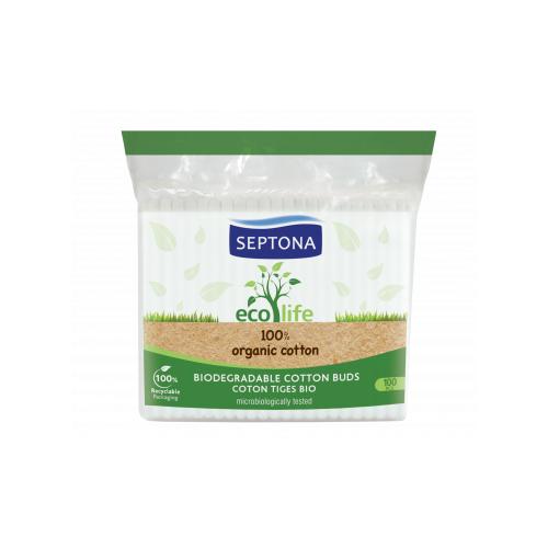 Miniaturka artykułu - SEPTONA Ecolife Bio Biodegradowalne patyczki higieniczne z bawełny, 100szt.