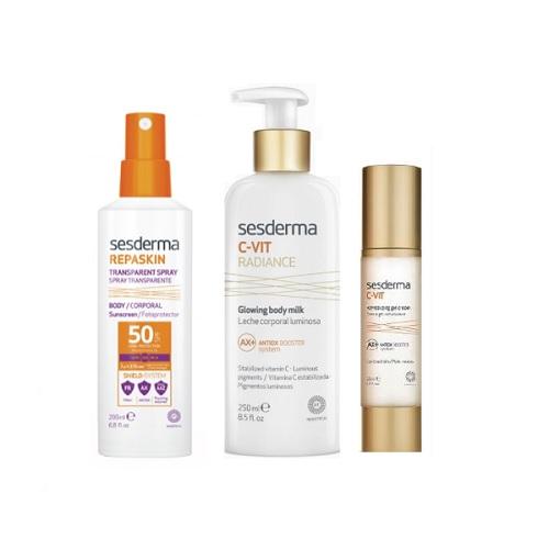Miniaturka artykułu - SESDERMA ZESTAW REPASKIN SPF30 Spray transparentny, 200 ml + C-VIT Radiance Mleczko do ciała, 250 ml + C-VIT Radiance Krem rozświetlający, 50 ml