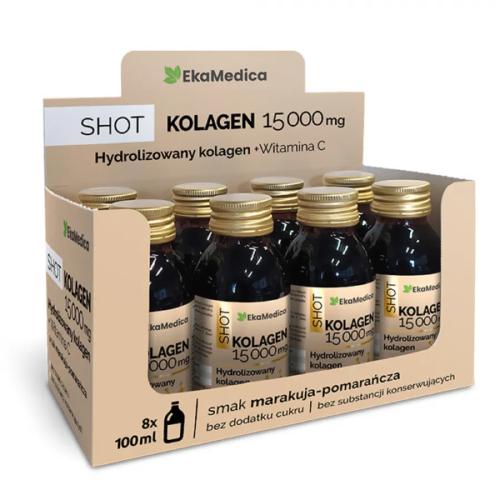 Miniaturka artykułu - EkaMedica Shot Kolagen 15 000mg z witaminą C smak marakuja-pomarańcza, 8 x 100 ml USZKODZONE OPAKOWANIE