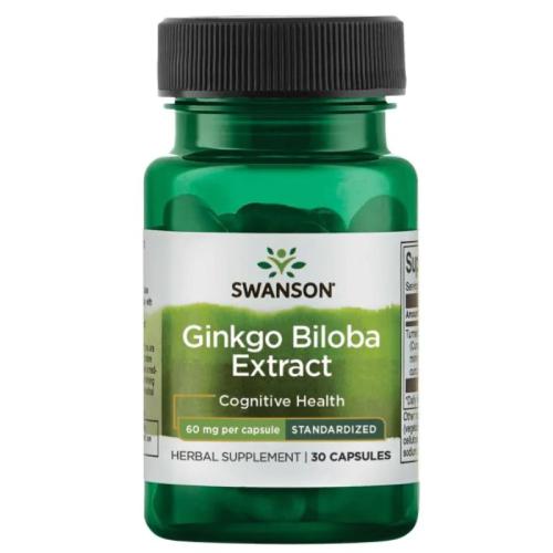 Miniaturka artykułu - SWANSON Ginkgo Biloba ekstrakt 60mg - 30 kapsułek 