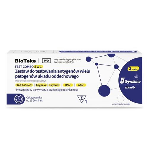 Miniaturka artykułu - BioTeke Test Combo 5w1 Zestaw do testowania antygen&oacute;w wielu patogen&oacute;w układu oddechowego COVID + GRYPA A/B + RSV + ADV, 1 szt.
