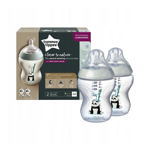 Miniaturka artykułu - Tommee Tippee Butelka dekorowana, 2x260ml panda 0 m+
