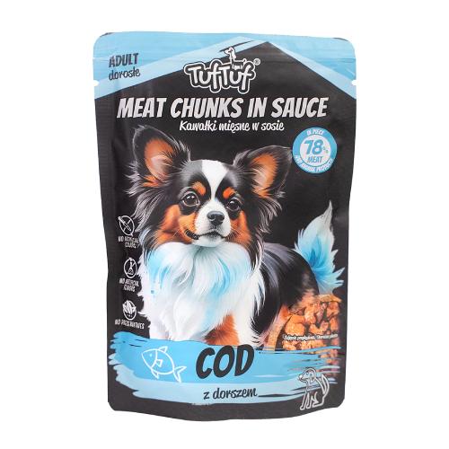 Miniaturka artykułu - TufTuf Mokra karma dla psa Kawałki mięsne w sosie z dorszem (dorosły), 100 g