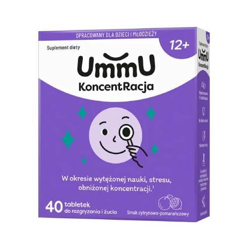 Miniaturka artykułu - UmmU KoncentRacja 12+ tabletki do rozgryzania i żucia o smaku cytrynowo pomarańczowym, 40 szt. - dla dzieci i młodzieży
