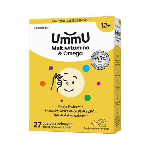 Miniaturka artykułu - Ummu Multiwitamina & Omega 12+ pastylki żelowe do rozgryzania i żucia o owocowym smaku, 27 szt. - dla dzieci i młodzieży