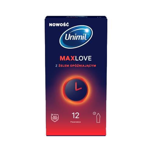 Miniaturka artykułu - Unimil Max Love Prezerwatywy lateksowe nawilżane z żelem op&oacute;źniającym, 12 szt.