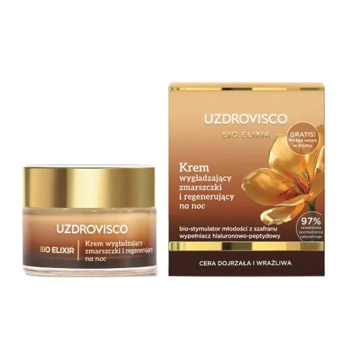 Miniaturka artykułu - Uzdrovisco Bio Elixir Krem do twarzy wygładzający zmarszczki i regenerujący na noc z szafranem, 50 ml