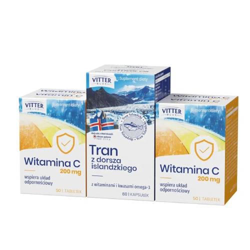 Miniaturka artykułu - VITTER BLUE Zestaw Dbaj o odporność: Tran z dorsza islandzkiego, 60 kapsułek + Witamina C 200 mg, 2x50 tabletek