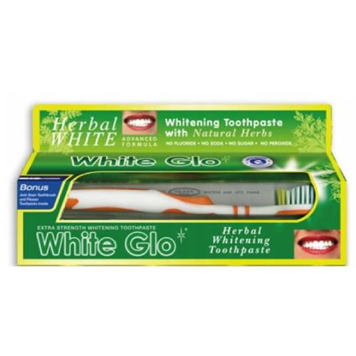 Miniaturka artykułu - White Glo Herbal White Ziołowa wybielająca pasta do zęb&oacute;w, 150g + Szczoteczka do zęb&oacute;w + Wykałaczki dentystyczne