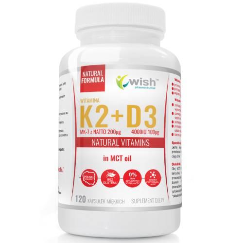 Miniaturka artykułu - Wish Pharmaceutical K2 MK7 200mcg + D3 4000IU, 120 kaps.