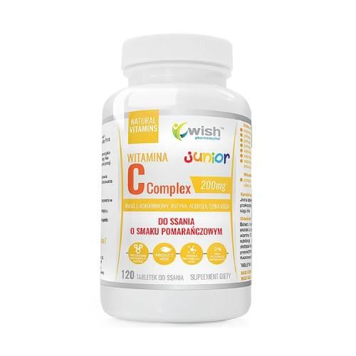 Miniaturka artykułu - Wish Pharmaceutical Witamina C Complex Junior 200 mg do ssania o smaku pomarańczowym, 120 tabl. - suplement diety dla dzieci