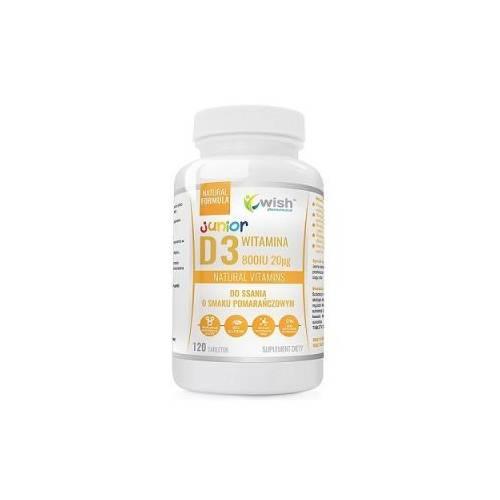 Miniaturka artykułu - WISH Pharmaceutical Witamina D3 Junior 800IU o smaku pomarańczowym, 120 tabl. do ssania