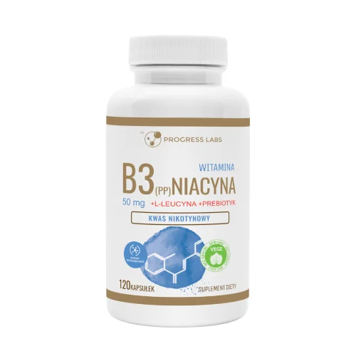 Miniaturka artykułu - Progress Labs Witamina B3 Niacyna 50 mg + L-leucyna + Prebiotyk, 120 kaps.