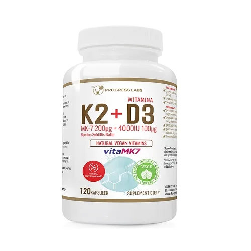Miniaturka artykułu - Progress Labs Witamina K2 VitaMK7 200 mcg + D3 4000 IU Natural Vegan Vitamins, 120 kaps.