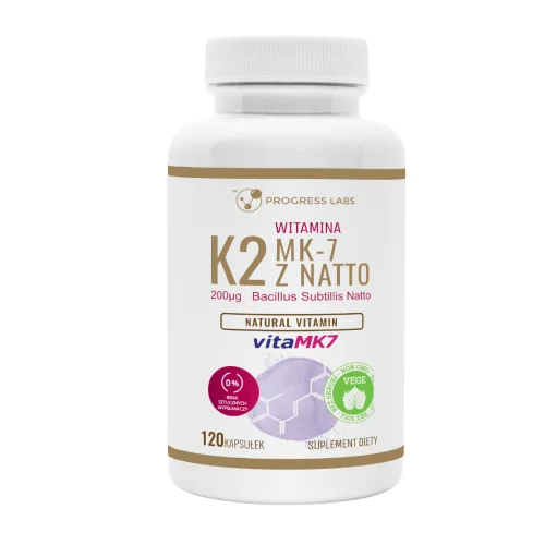 Miniaturka artykułu - Progress Labs K2 MK-7 z natto 200 mcg vitaMK7, 120 kaps.