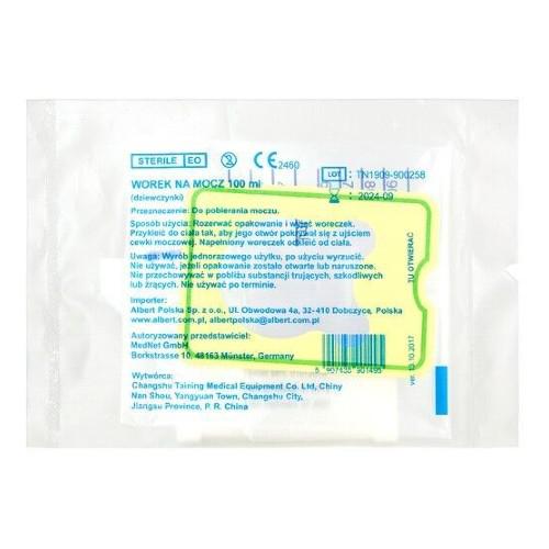 Miniaturka artykułu - Worek na mocz, sterylny (dla dziewczynek) - 100 ml