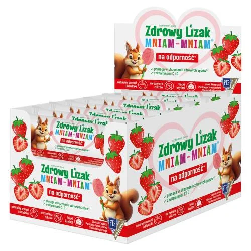 Miniaturka artykułu - Zdrowy Lizak Mniam-Mniam truskawka bez cukru kształt łezki, 40szt.
