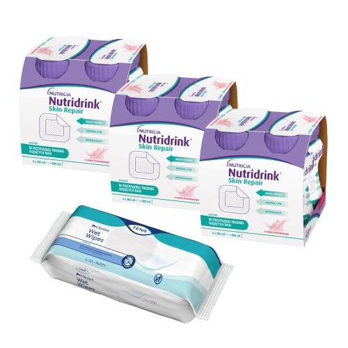 Miniaturka artykułu - Zestaw 3x Nutridrink Skin Repair truskawka, 4x200ml + Chusteczki Tena ProSkin Wet wipes, 48szt.