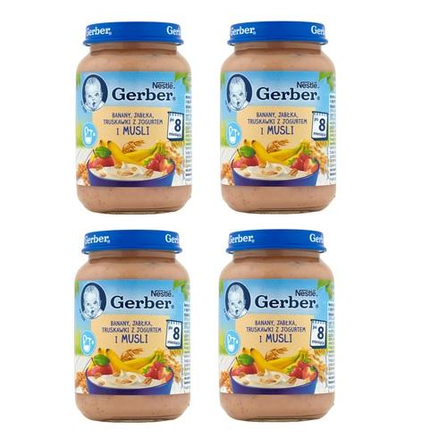Zestaw 4 x Gerber Banany jabłka truskawki z jogurtem i musli po 8. miesiącu, 190 g