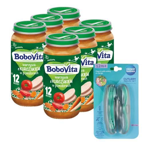 Zestaw 6x BoboVita Warzywa z kurczakiem w pomidorach po 12 miesiącu, 250 g + Canpol Babies Zestaw sztućc&oacute;w w etui  