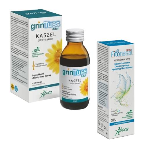 Miniaturka artykułu - Zestaw GrinTuss Adult Syrop na kaszel suchy i mokry, 128 g + Fitonasal Spray do nosa, 30 ml