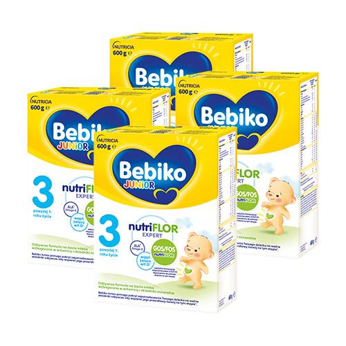 Miniaturka artykułu - Zestaw Bebiko Junior 3 NUTRIflor Expert Odżywcza formuła na bazie mleka dla dzieci powyżej 1. roku życia, 4x600g