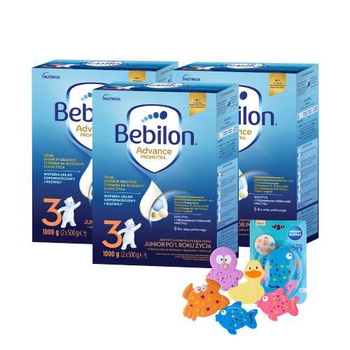 Zestaw Bebilon 3 z Pronutra Advance proszek, 3 x 1000 g + Canpol Babies zestaw zabawek do kąpieli z przyssawkami, 5 szt.