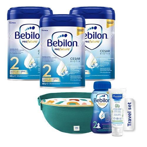 Miniaturka artykułu - Zestaw Bebilon Profutura Cesar Biotik 2 Mleko następne po 6. miesiącu, 3 x 800 g + Travel Set