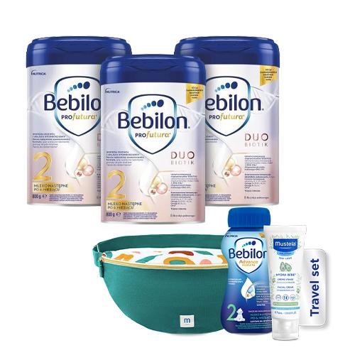 Miniaturka artykułu - Zestaw Bebilon Profutura Duobiotik 2 mleko następne po 6. miesiącu, 3 x 800g + Travel Set