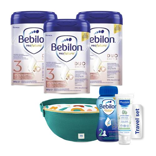 Miniaturka artykułu - Zestaw Bebilon Profutura Duobiotik 3 Formuła na bazie mleka po 1. roku życia, 3 x 800 g + Travel Set