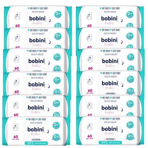 Miniaturka artykułu - Zestaw BOBINI BABY Chusteczki nawilżane wodne, 12x60 sztuk