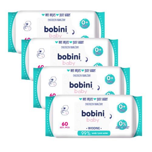 Miniaturka artykułu - Zestaw BOBINI BABY Chusteczki nawilżane wodne, 4 x 60 sztuk