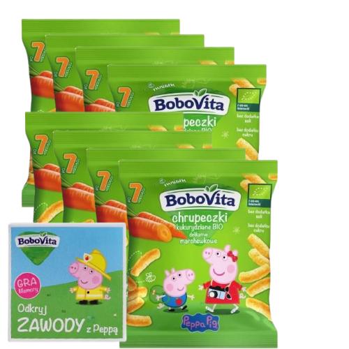 Miniaturka artykułu - Zestaw BoboVita Bio Chrupeczki kukurydziane delikatnie marchewkowe, 8 x 20 g + Gra Memory "Odkryj zawody z Peppą"