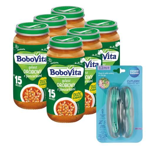Zestaw BoboVita Gulasz drobiowy z pieczarkami po 15 miesiącu, 6 x 250 g + Canpol Babies Zestaw sztućc&oacute;w w etui, 1 szt.