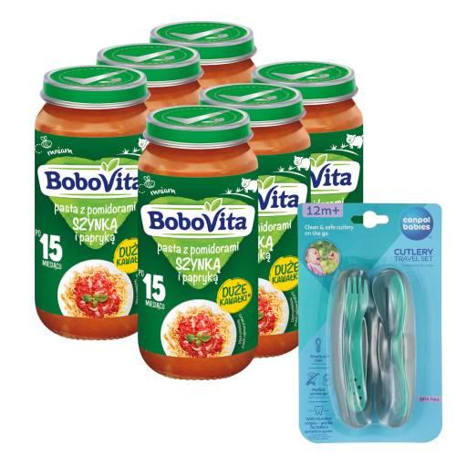 Miniaturka artykułu - Zestaw BoboVita Pasta z pomidorami, szynką i papryką po 15. miesiącu, 6 x 250g + Canpol Babies Zestaw sztućc&oacute;w w etui, 1 szt.