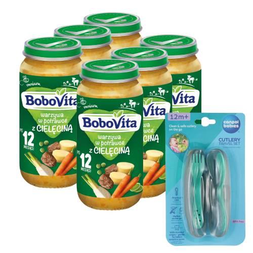 Miniaturka artykułu - Zestaw BoboVita Warzywa w potrawce z cielęciną po 12 miesiącu, 6 x 250 g + Canpol Babies Zestaw sztućc&oacute;w w etui, 1 szt.
