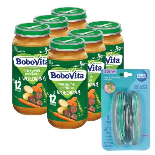 Zestaw BoboVita Warzywna potrawka z wołowiną po 12 miesiącu, 6 x 250 g + Canpol Babies Zestaw sztućc&oacute;w w etui, 1 szt.