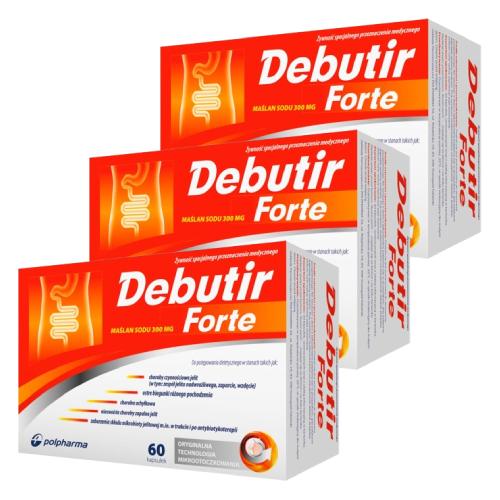 Zdjęcie produktu - Zestaw Debutir Forte, maślan sodu 300 mg, 3 x 60 kaps.