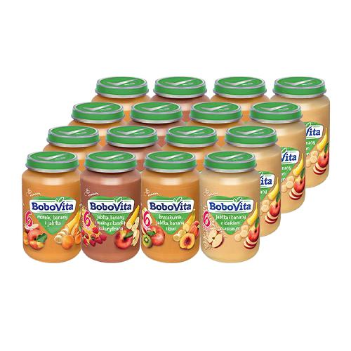Zestaw deserk&oacute;w Bobovita Przecier morele banany i jabłka, 4x 190g + Jabłka, banany i maliny z kleikiem kukurydzianym, 4x 190g + BoboVita deserek Brzoskwinie, jabłka, banany i kiwi, 4x 190g + Jabłka i banany z kleikiem owsianym, 4x 190g
