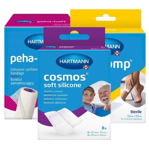Miniaturka artykułu - Zestaw dla maluszka - MEDICOMP 7,5cm x 7,5cm kompresy jałowe, 5x2szt. + Cosmos soft silicone Plastry, 8szt. + Peha-haft Bandaż samomocujący 6cm x 4m, 1 sztuka