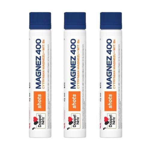 Miniaturka artykułu - Zestaw DOPPELHERZ SHOTS Magnez 400 cytrynian magnezu + witamina B6, 3 x 25 ml