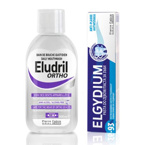Miniaturka artykułu - Zestaw ELGYDIUM ANTI-PLAQUE pasta do zęb&oacute;w, 75 ml + Eludril ORTHO Płyn do płukania jamy ustnej, 500 ml