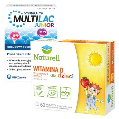 Miniaturka artykułu - Zestaw Multilac Junior, 20 czekoladek bez cukru + Naturell Witamina D dla dzieci, 60 tabl.