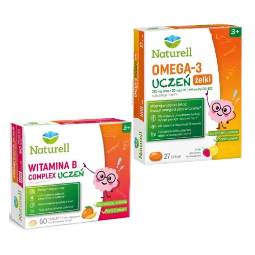 Miniaturka artykułu - Zestaw Naturell Witamina B Complex Uczeń, 60 tabl. + Naturell Omega-3 Uczeń żelki, 27 szt.